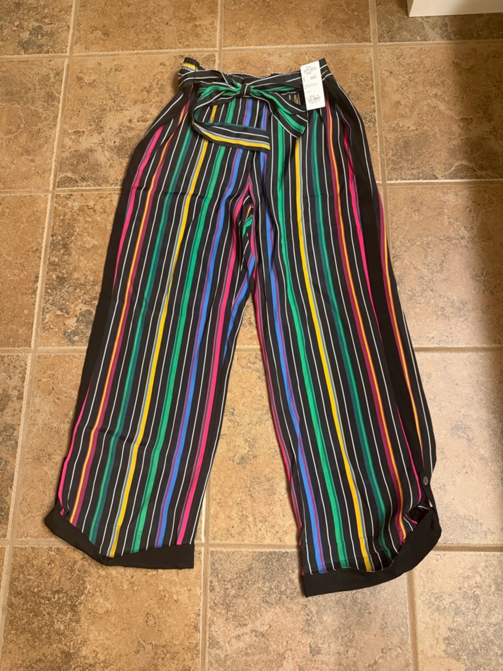 Per Se Black Wide-Leg Pants with Multicolor Vertical Stripes